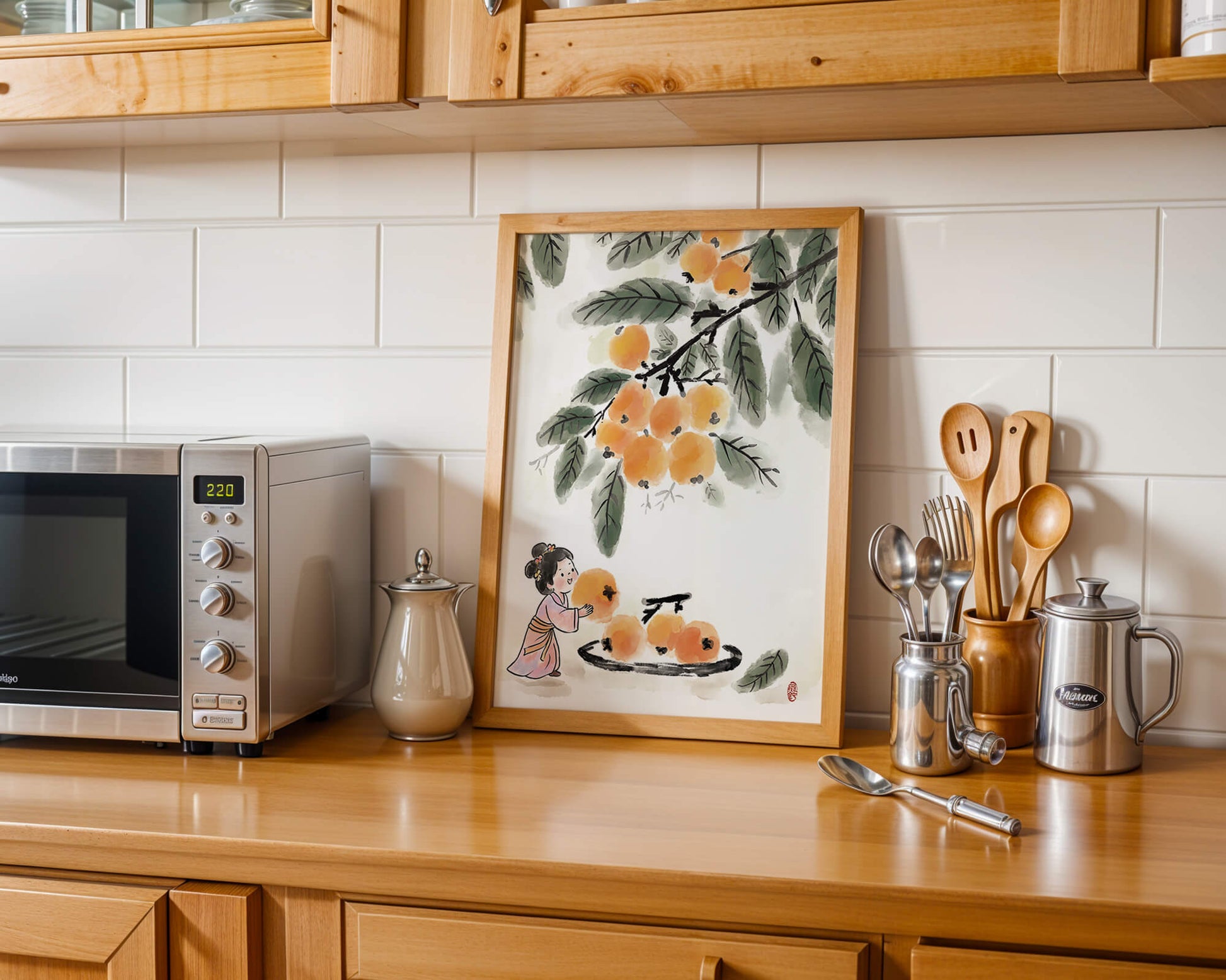 Arte japonés con una niña recogiendo caquis bajo un árbol