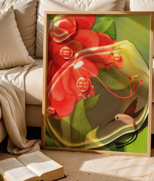 Vibrant floral illustration with hummingbird and lush greenery