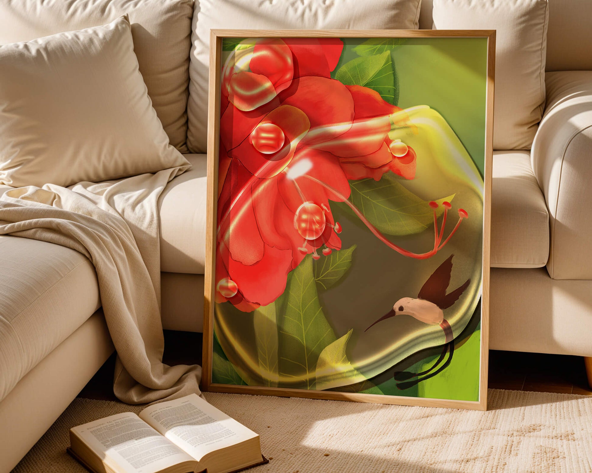 Vibrant floral illustration with hummingbird and lush greenery