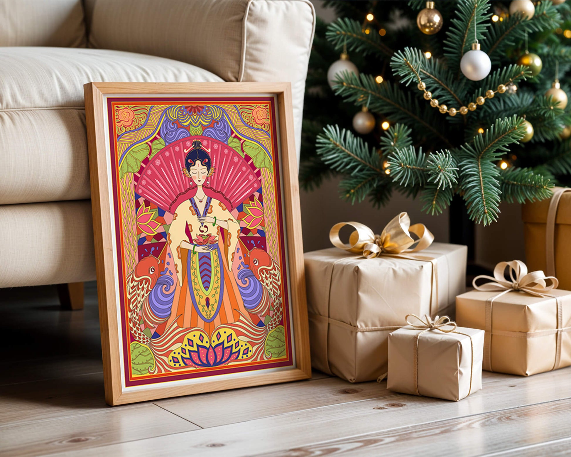 Ilustración oriental colorida con motivos de peces koi y loto