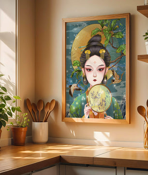 Elegante representación de una mujer con atuendo tradicional sosteniendo un abanico decorativo