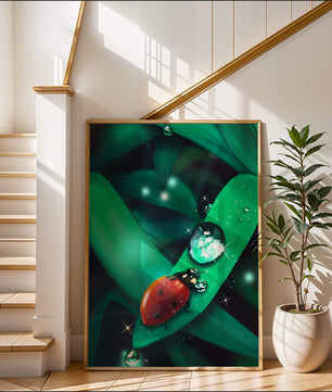 Ladybug on a Leaf with Dew Drops in a Vibrant Nature Scene - Mi tienda