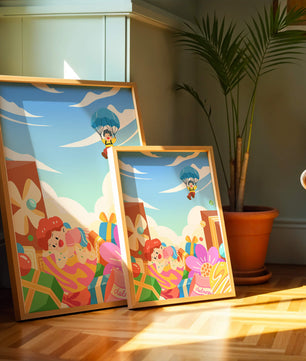 Colorful illustration with presents and children playing under a blue sky