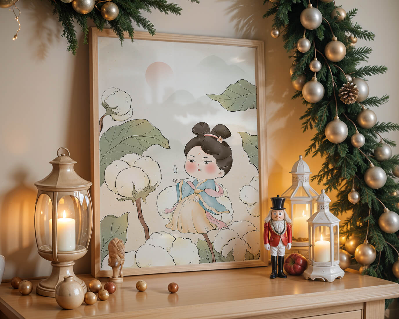 Elegant illustration of a young girl in traditional attire amid cotton plants