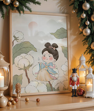 Illustration élégante d'une jeune fille en tenue traditionnelle au milieu de plants de coton