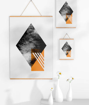 Abstract Geometric Composition with Orange Triangle and Cloudy Pattern - Mi tienda