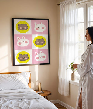 Diseño de patrones de animales juguetones con caras de osos y conejos en colores pastel