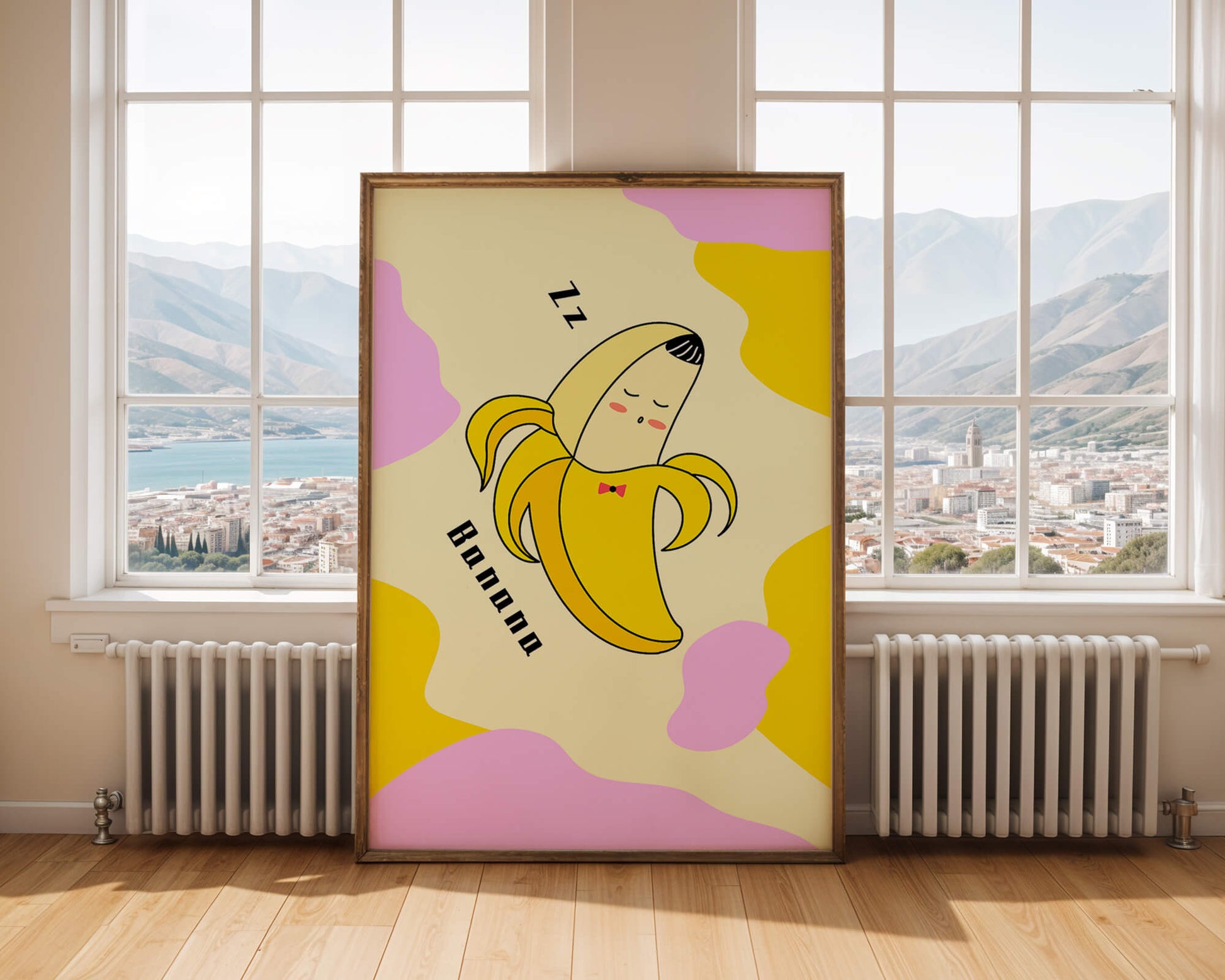 Playful illustration of a sleeping banana with colorful abstract background