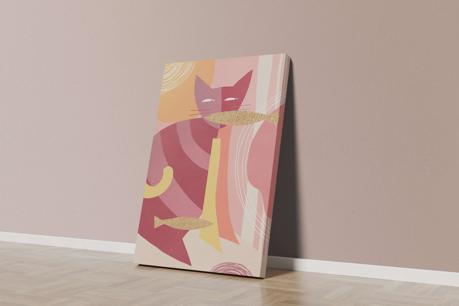 Abstract cat artwork with gold accents and colorful patterns