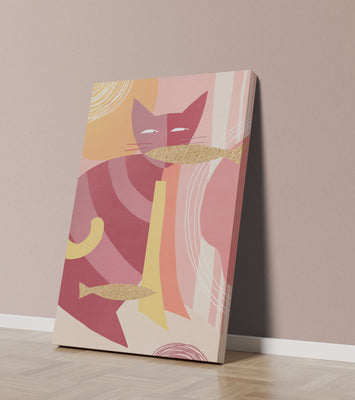 Abstract cat artwork with gold accents and colorful patterns