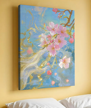 Beautiful Cherry Blossom Branch with Golden Highlights on a Soft Blue Background - Mi tienda