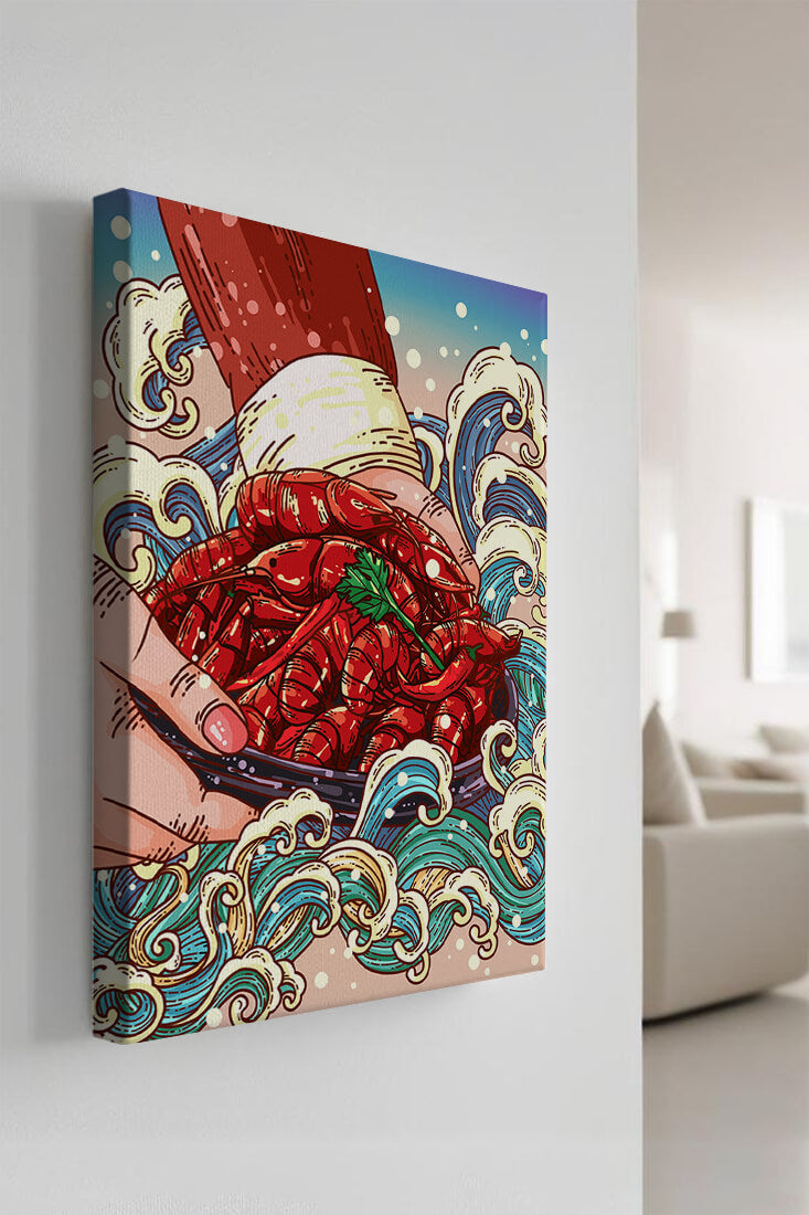 Colorful Cartoon Illustration of Hand Holding Crawfish Over Decorative Waves