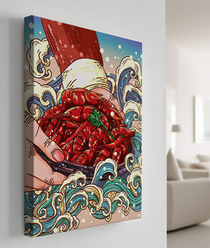 Colorful Cartoon Illustration of Hand Holding Crawfish Over Decorative Waves