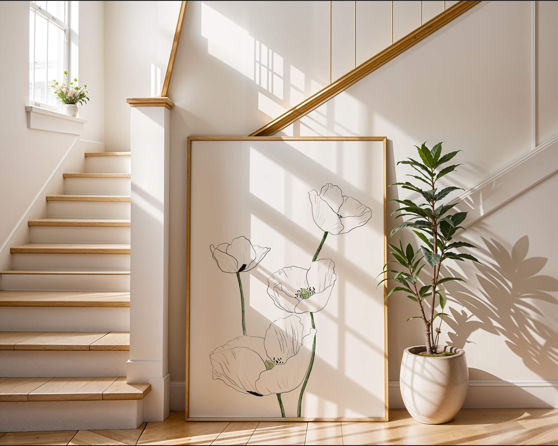 Zarte florale Linienzeichnung mit weißen Mohnblumen auf sauberem Hintergrund