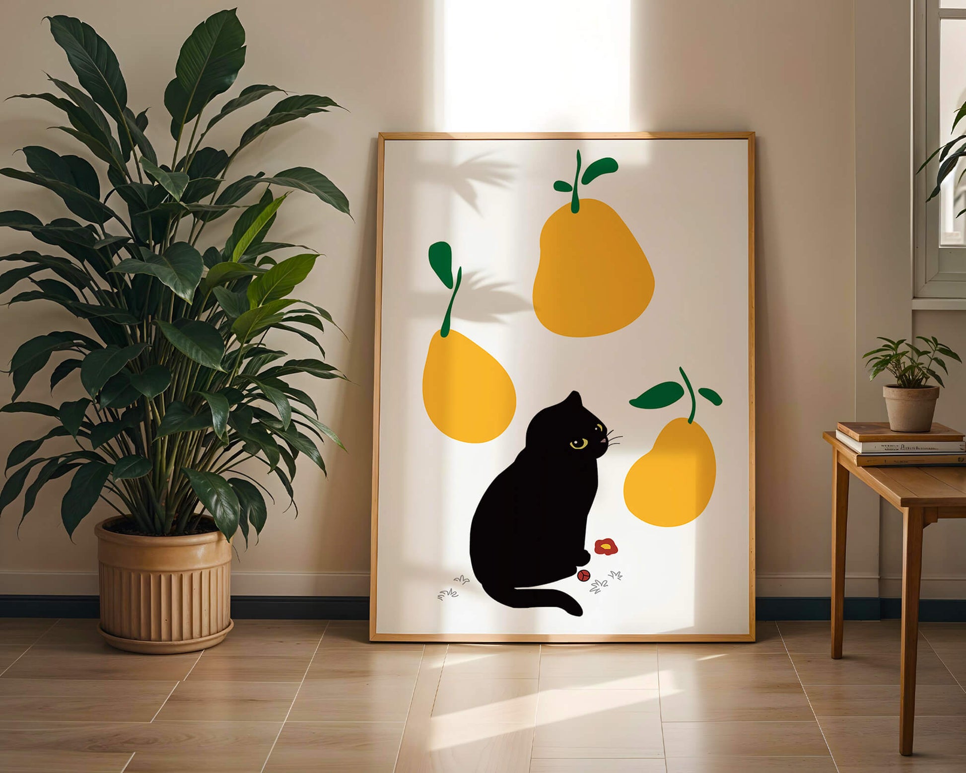 Ilustración de gato negro con peras amarillas y hojas verdes