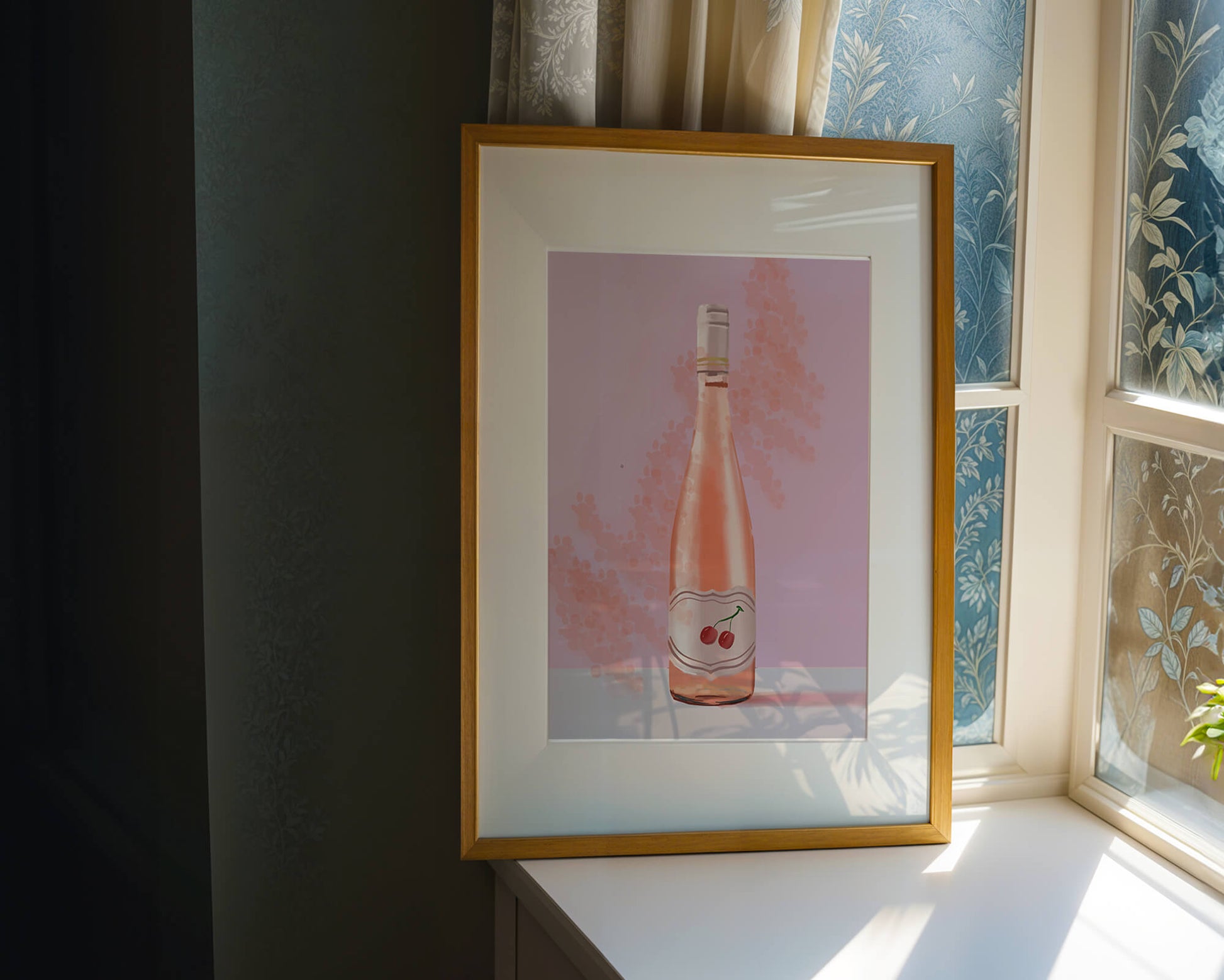 Illustrated wine bottle with a cherry label on pink background