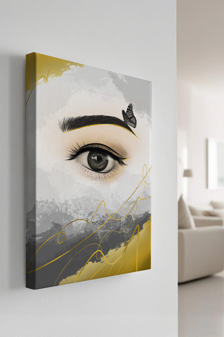 Artistic eye illustration with butterfly and abstract gold accents