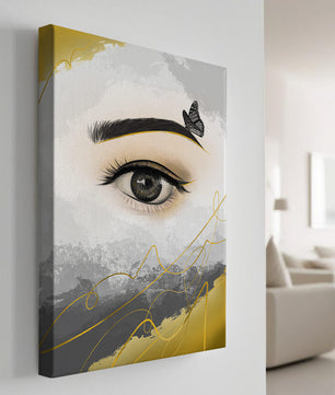 Artistic eye illustration with butterfly and abstract gold accents