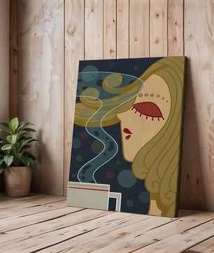 Stylized portrait of a woman with flowing hair and steaming coffee