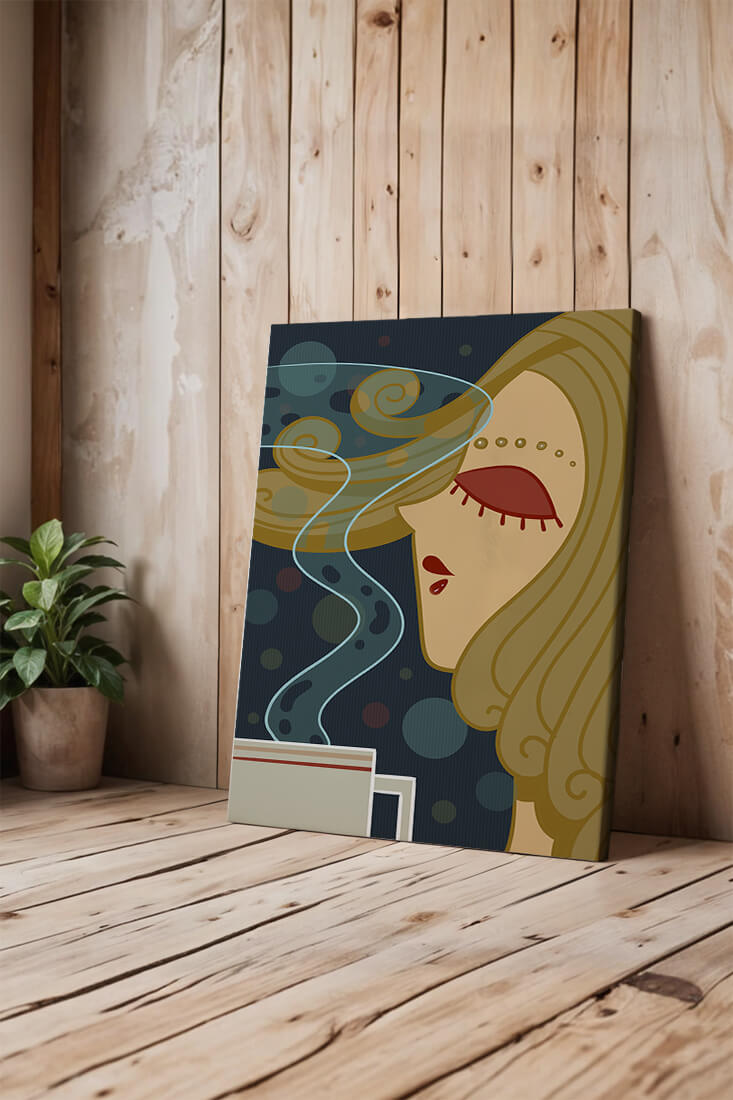 Stylized portrait of a woman with flowing hair and steaming coffee