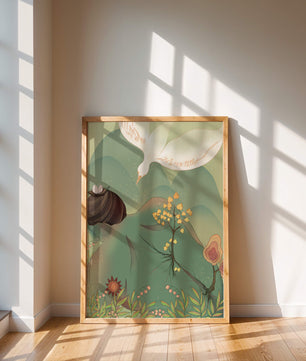 Dreamy nature-inspired illustration with bird and plant elements