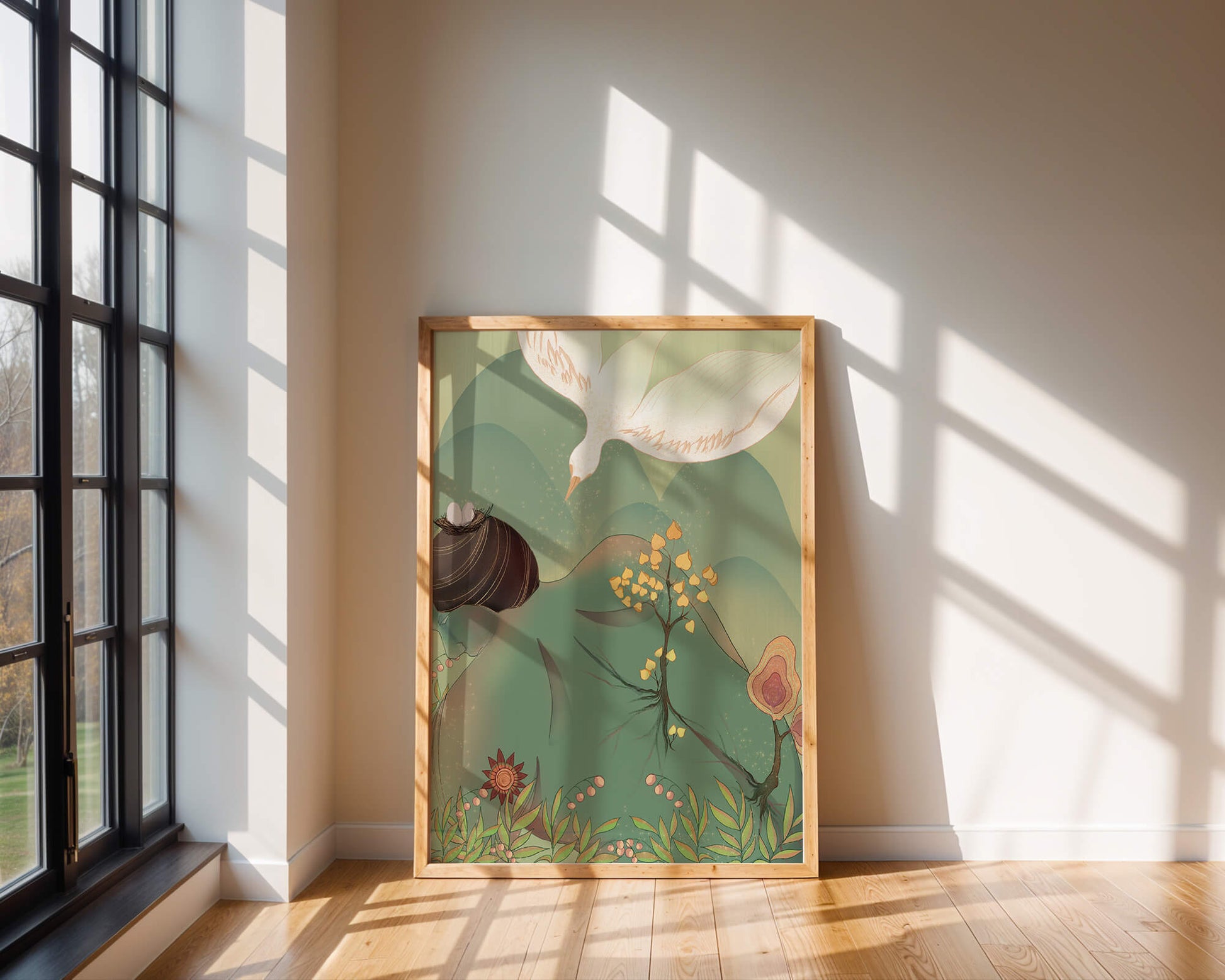 Dreamy nature-inspired illustration with bird and plant elements