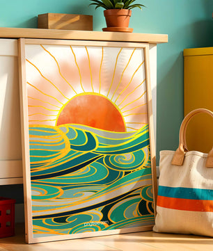 Sunrise over stylized ocean waves with gold accents