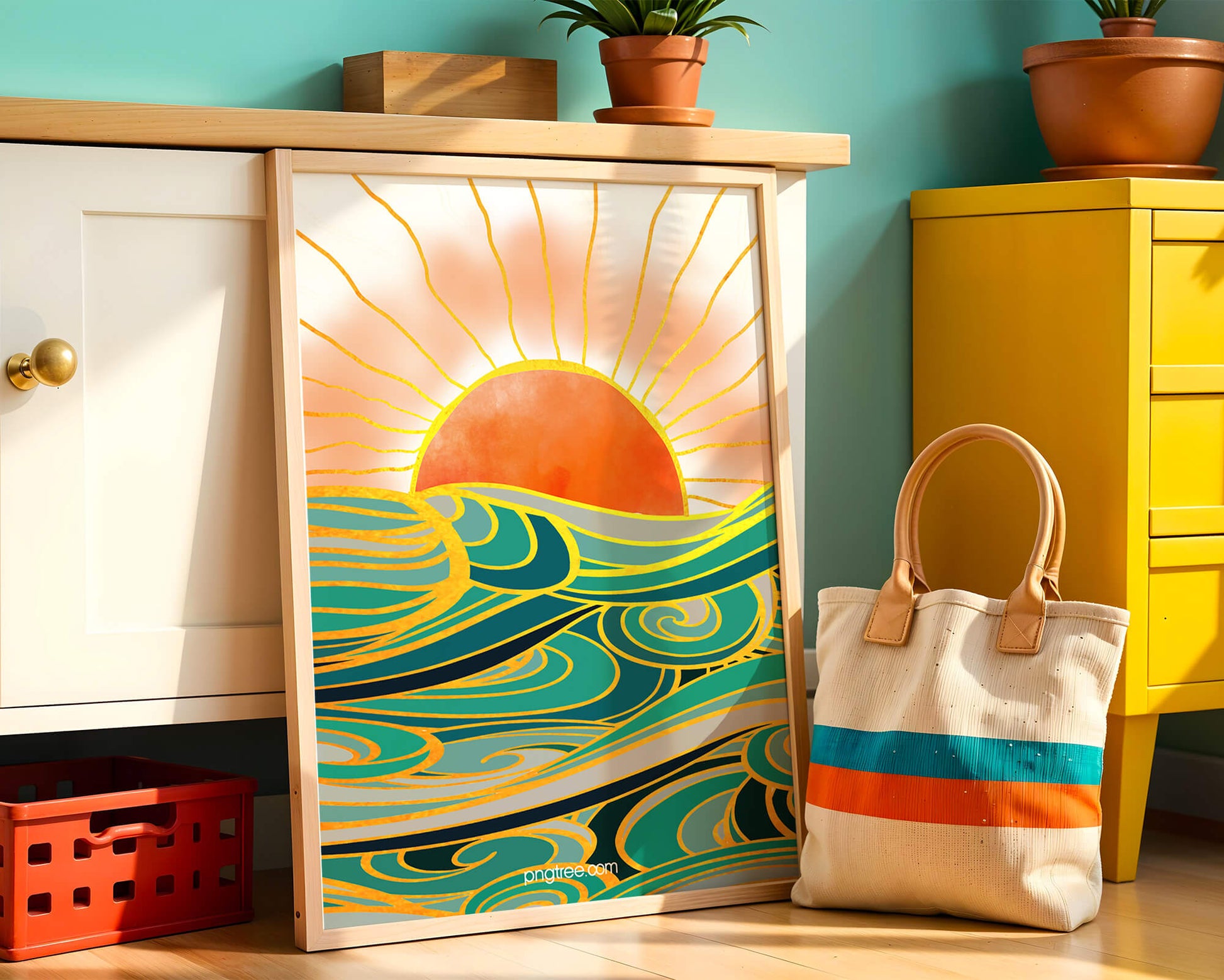 Sunrise over stylized ocean waves with gold accents