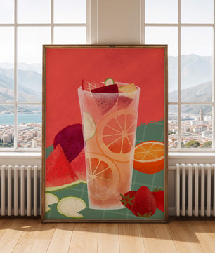 Ilustración de cóctel de frutas refrescante con cítricos y sandía