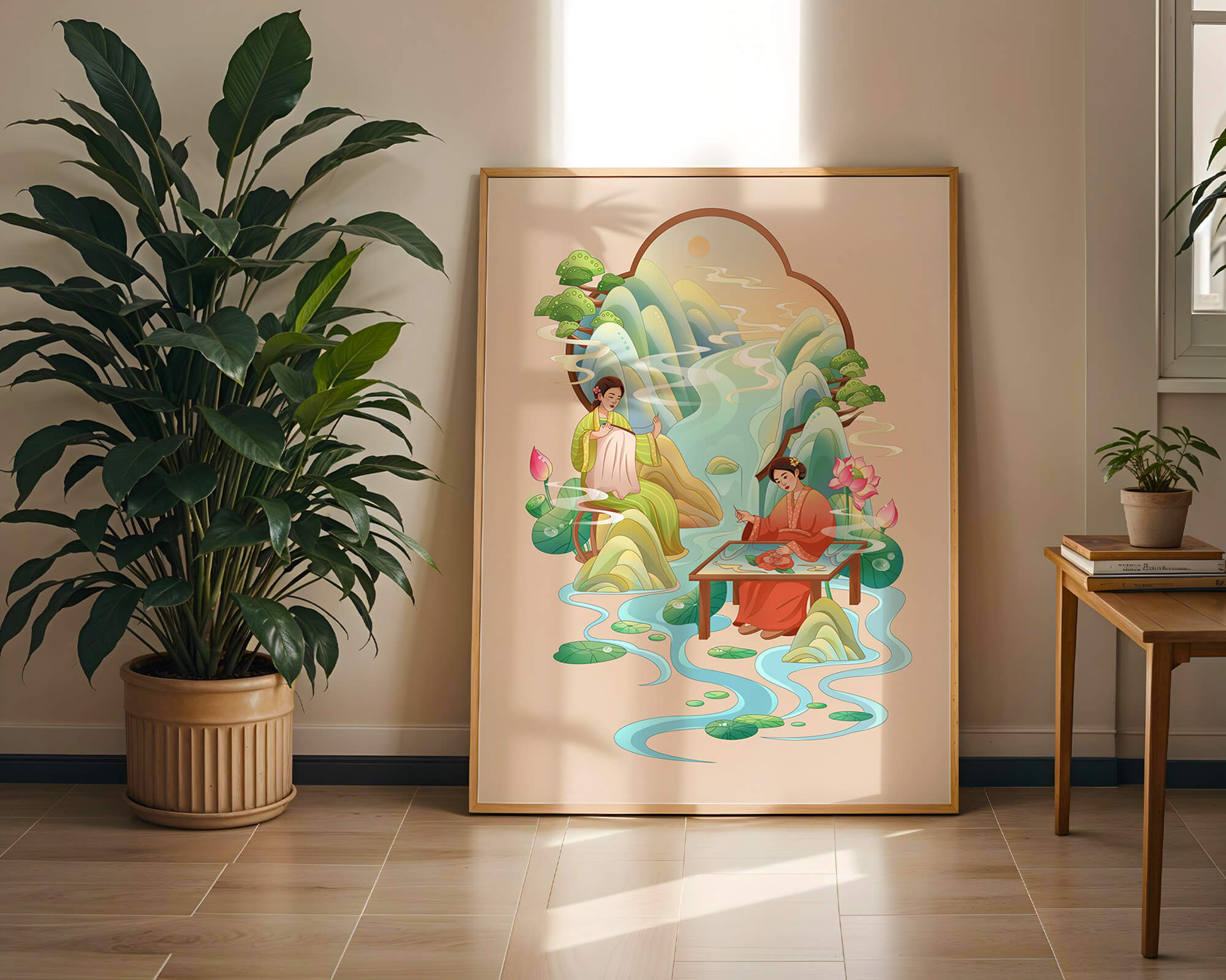 Serene water and nature scene with people in traditional attire