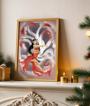 Graceful fantasy fox spirit with flowing tails and red attire in mystical clouds