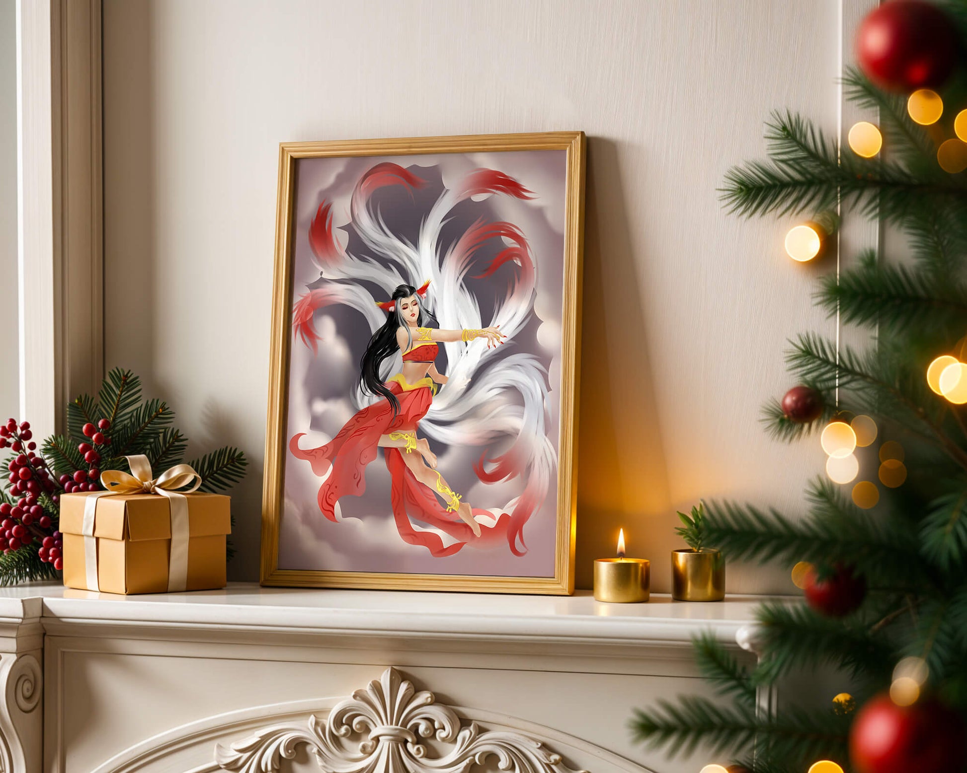 Graceful fantasy fox spirit with flowing tails and red attire in mystical clouds