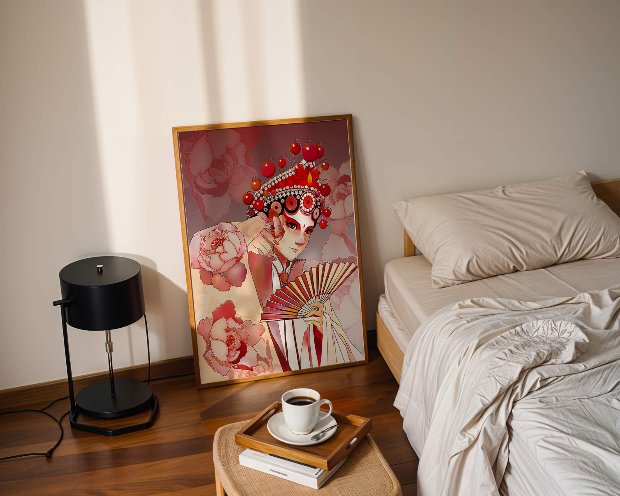 Traditional Asian artwork with floral motifs and ornate headpiece