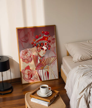 Traditional Asian artwork with floral motifs and ornate headpiece