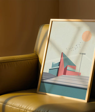 Ilustración arquitectónica moderna con diseño geométrico y atardecer
