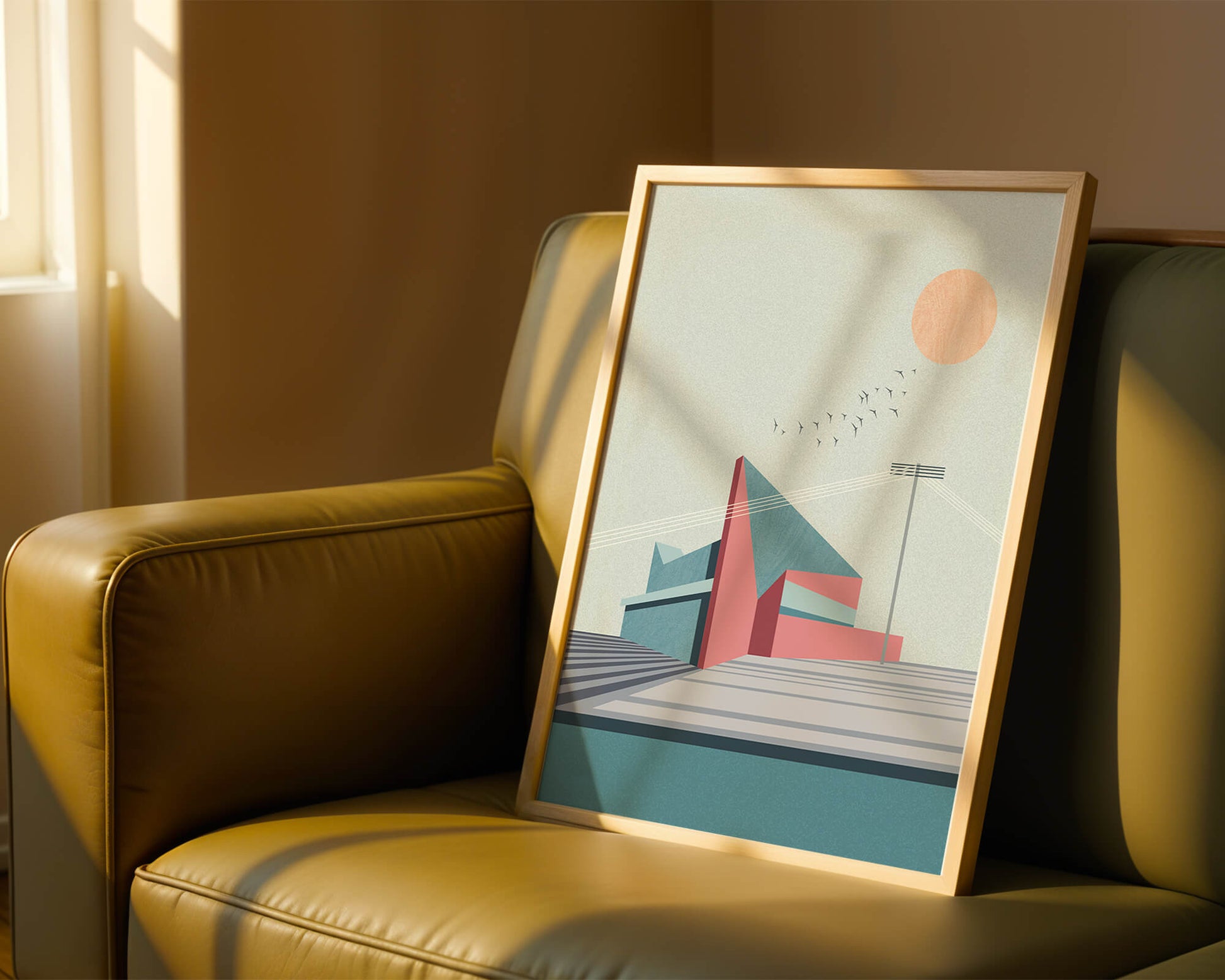 Ilustración arquitectónica moderna con diseño geométrico y atardecer