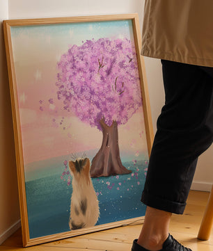 Serene scene with cat and blossoming cherry tree at sunrise