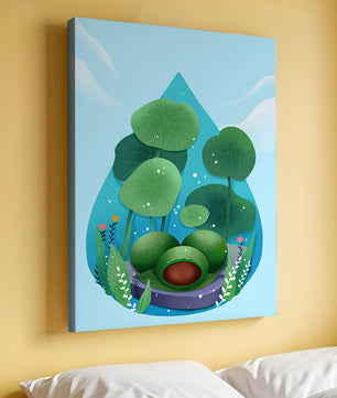 Nature-inspired abstract illustration with leaves and spheres