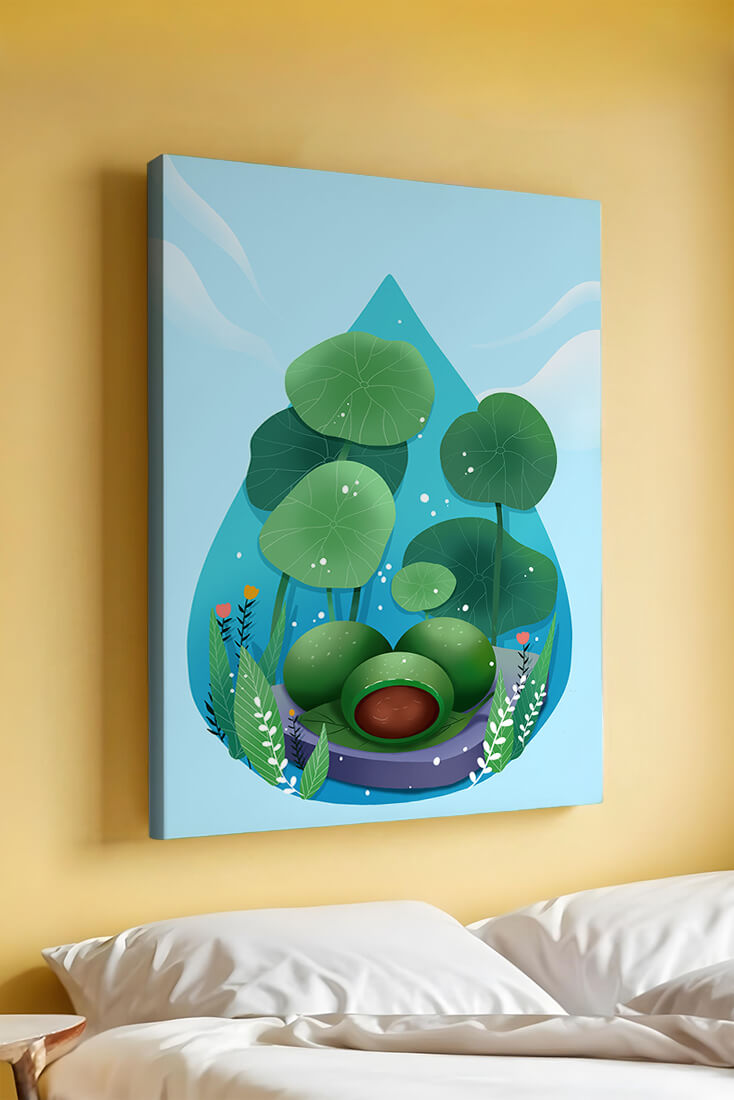 Nature-inspired abstract illustration with leaves and spheres