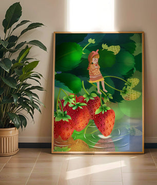 Young girl sitting among large strawberries in a whimsical garden setting