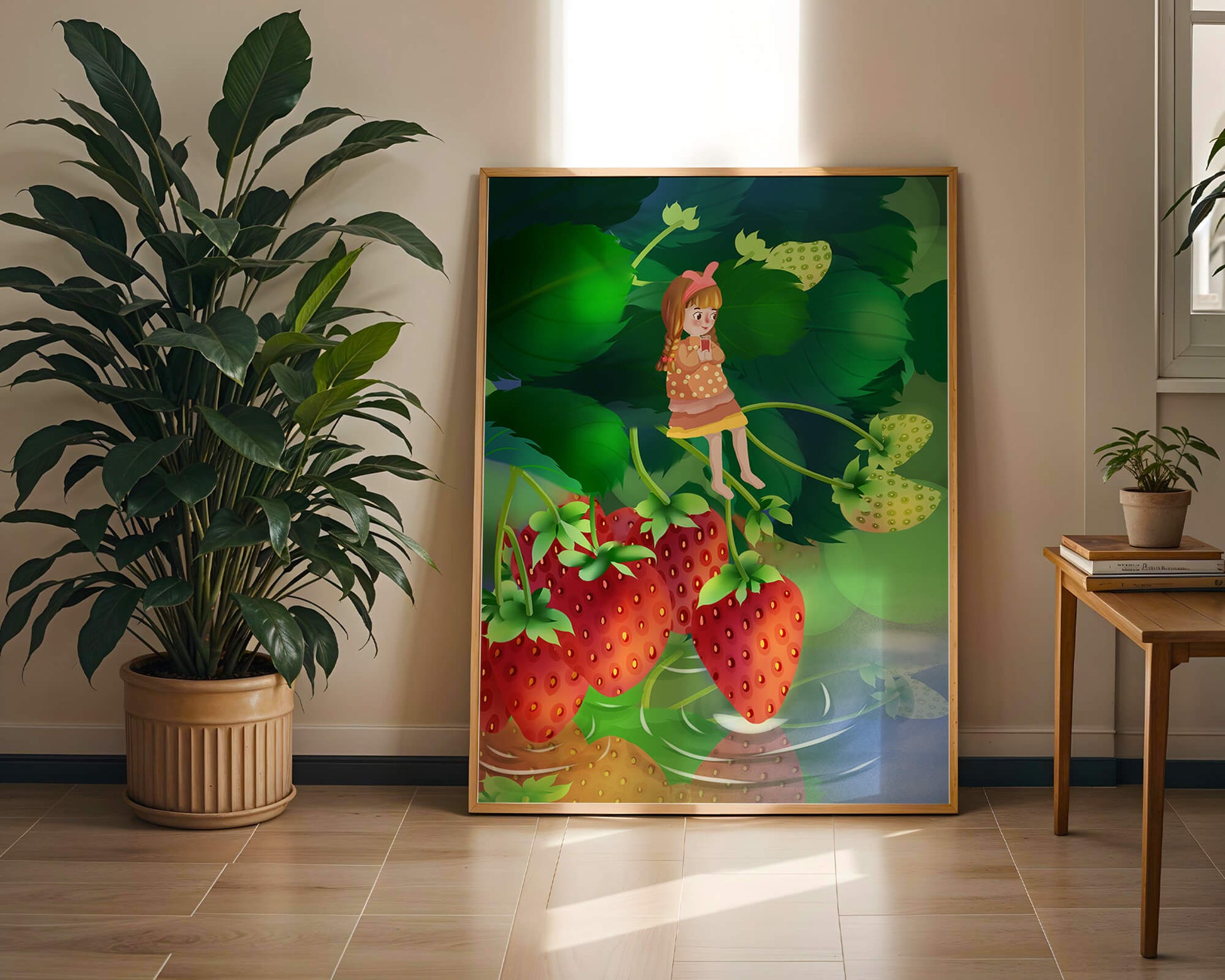 Young girl sitting among large strawberries in a whimsical garden setting