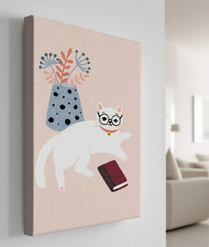 Illustration of playful cat with book and floral vase