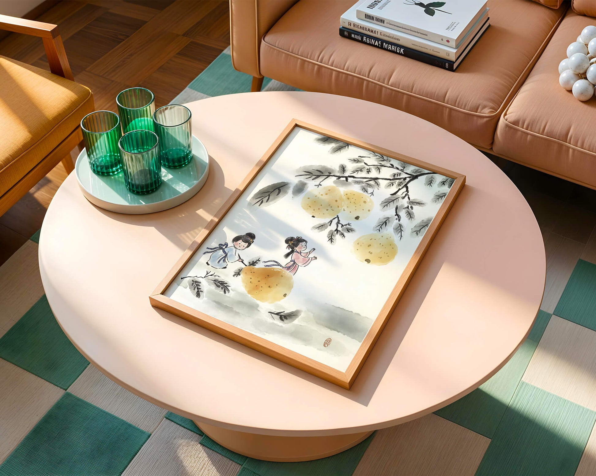 Ilustración encantadora de niños en vestimenta tradicional recolectando peras