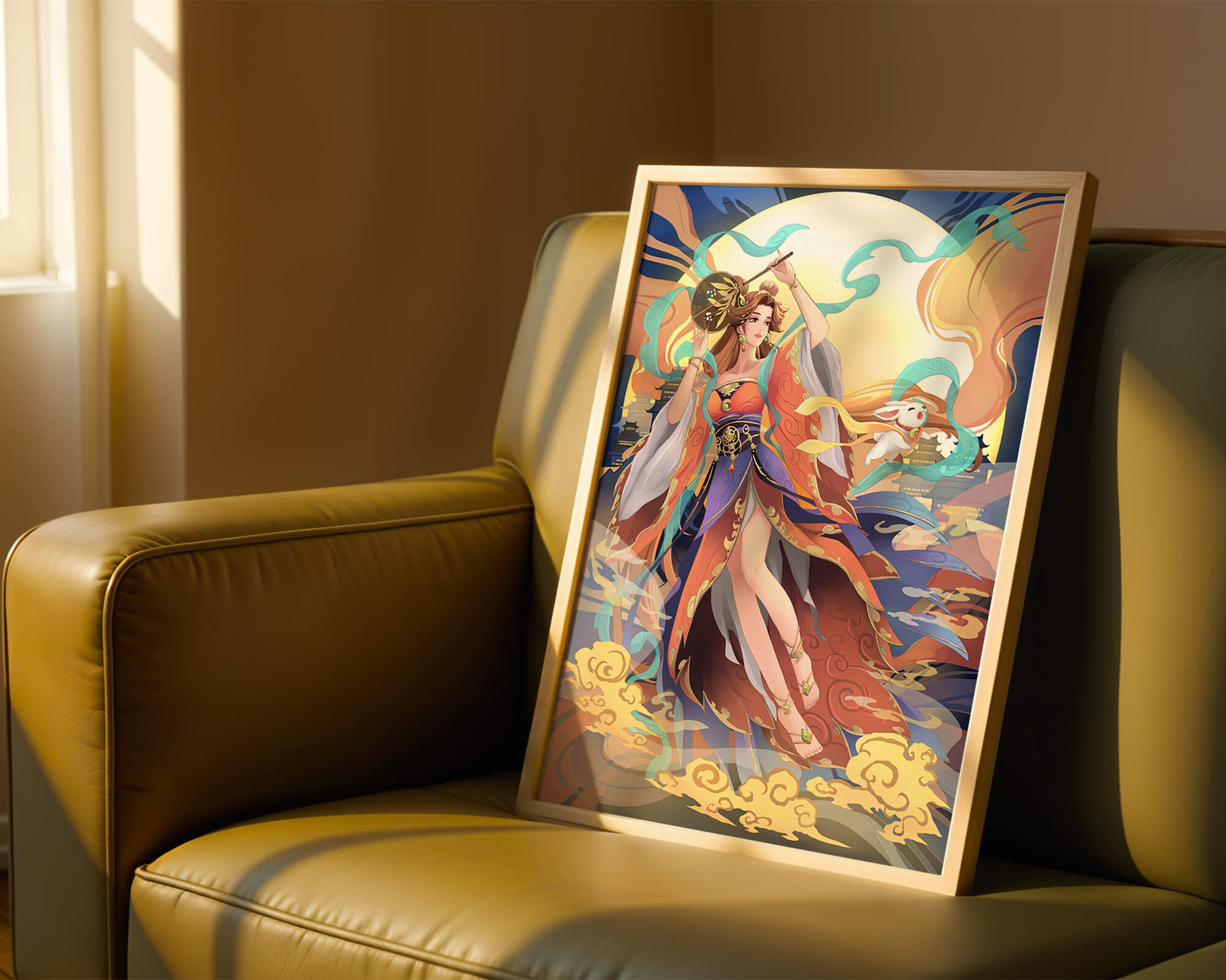 Elegant goddess with flowing robes against a mystical backdrop