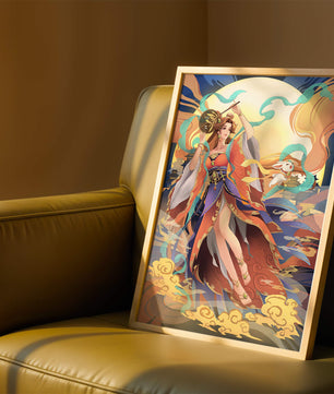 Elegant goddess with flowing robes against a mystical backdrop