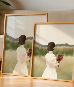Woman in White Dress Holding Bouquet Facing Nature