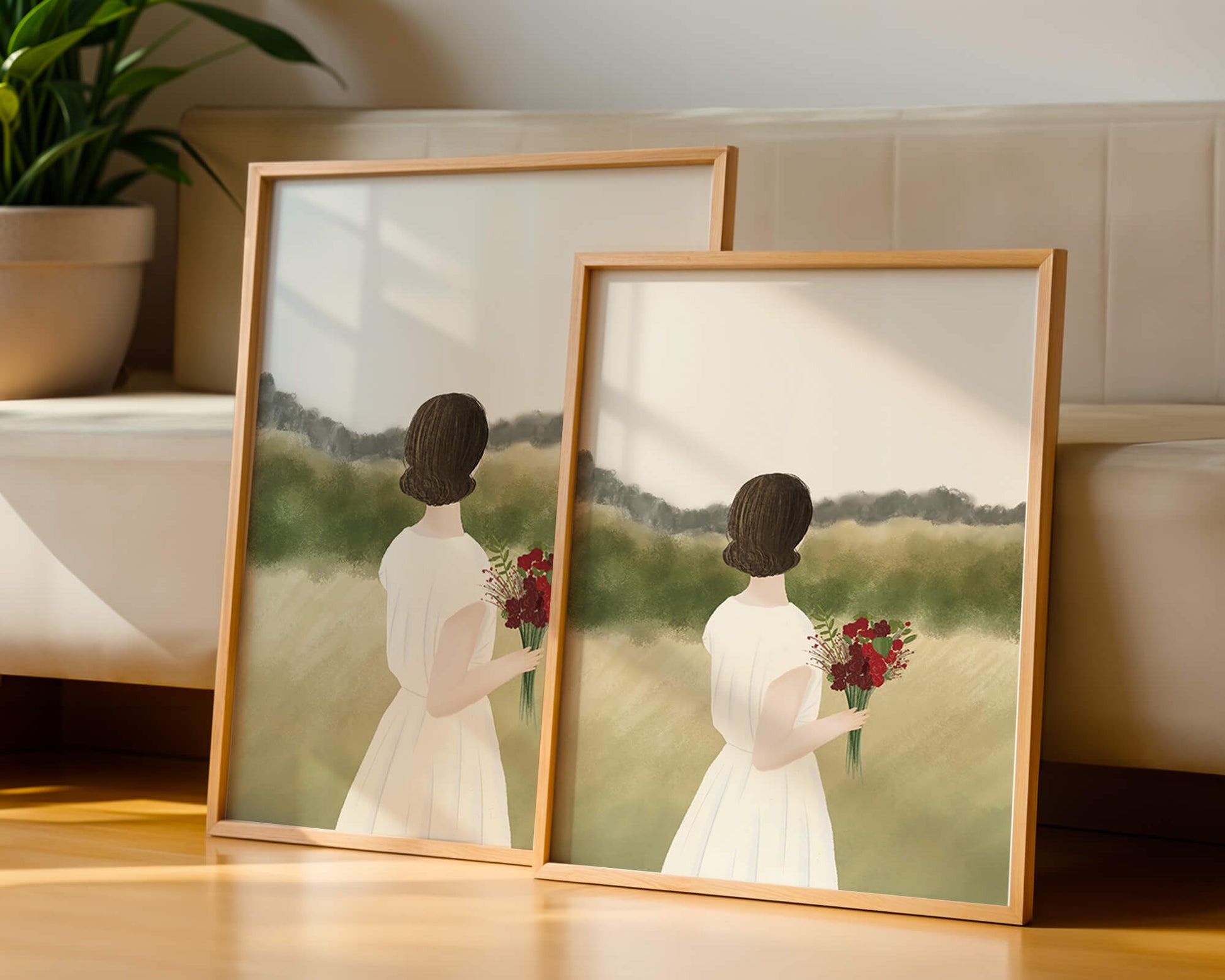 Woman in White Dress Holding Bouquet Facing Nature