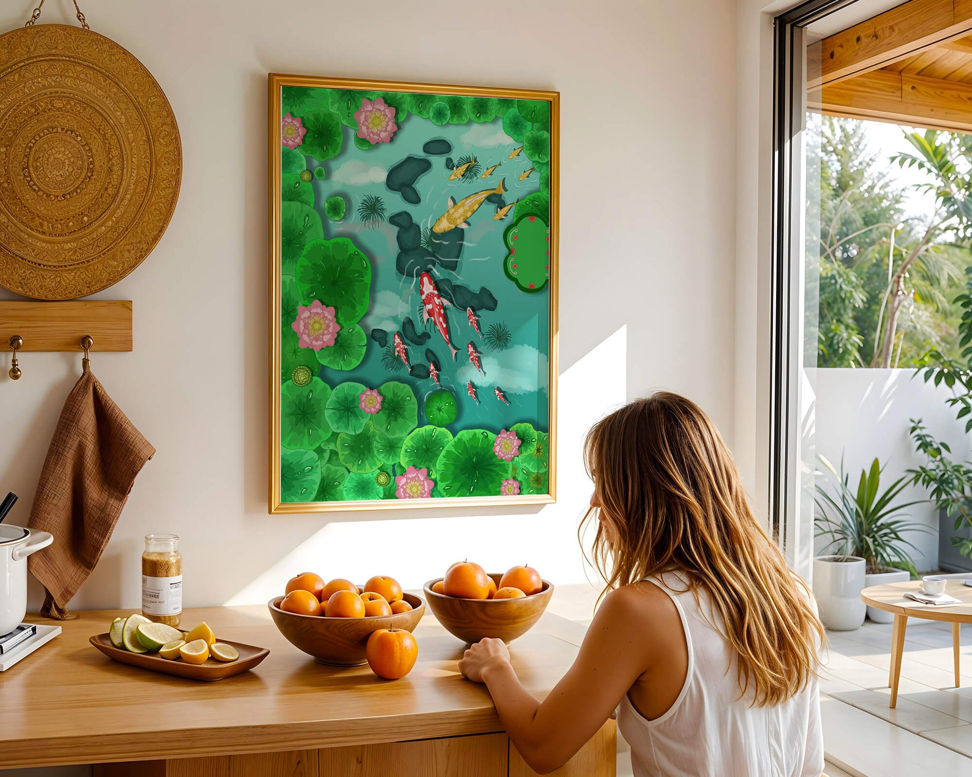 Étang à carpes koï vibrant avec des fleurs de lotus et des nénuphars verts