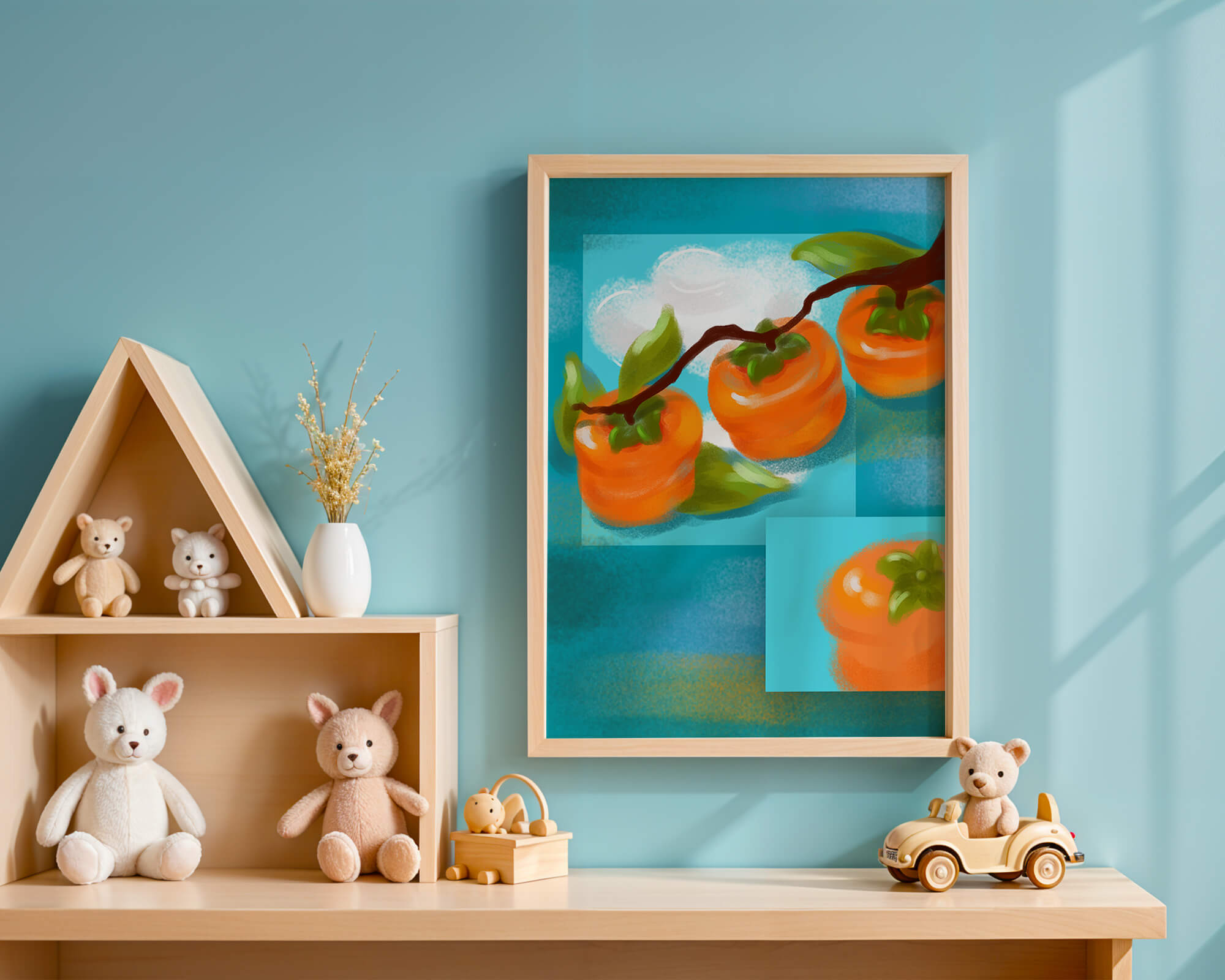 Vibrant persimmons on a branch with a blue background