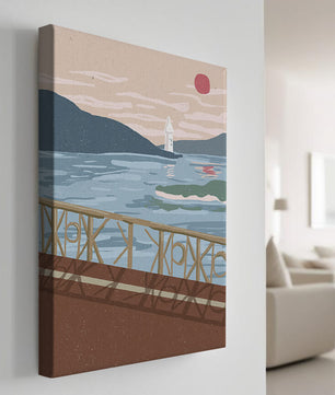 Coastal Landscape with Lighthouse and Artistic Fence at Sunset